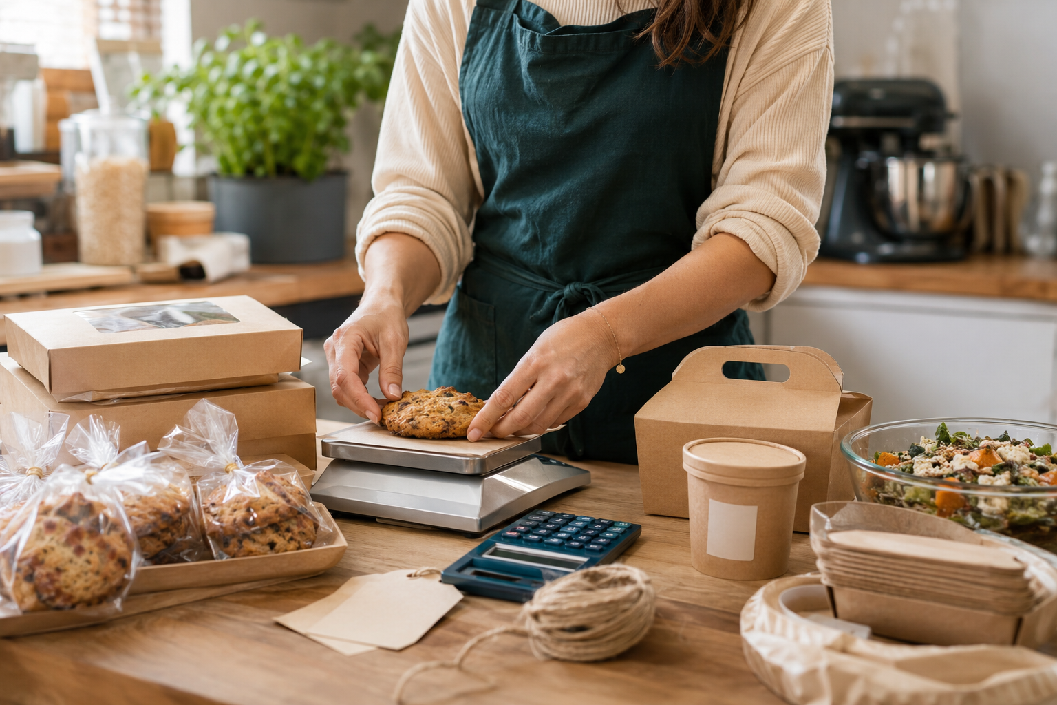Emprendedora pesando alimentos y preparando envases para vender su producción