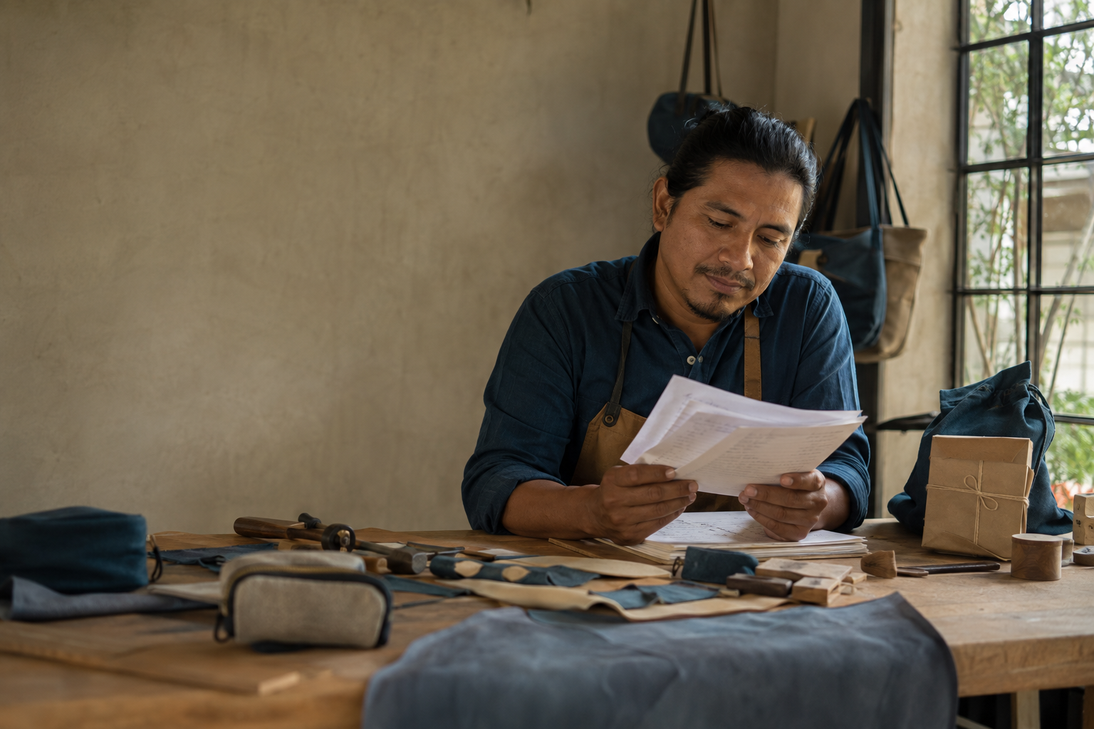 Emprendedor revisando sus números junto a productos propios y materiales en su taller